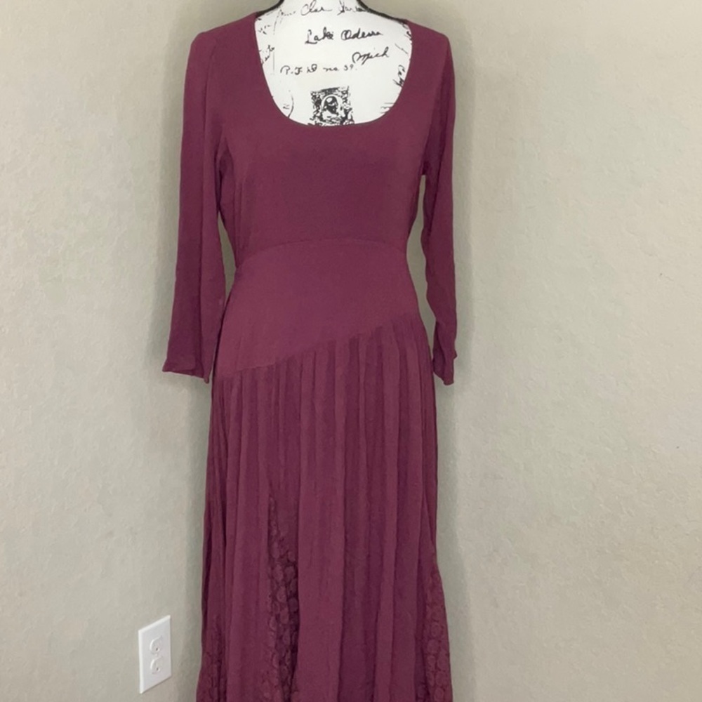 644 - Free People NWT Burgundy Long Sleeve Pleated Maxi Dress, Size Medium